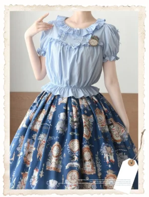 Light blue sweet lolita blouse with ruffled collar and puff sleeves paired with vintage tableware print high-waisted skirt, front half-body coordinate shot