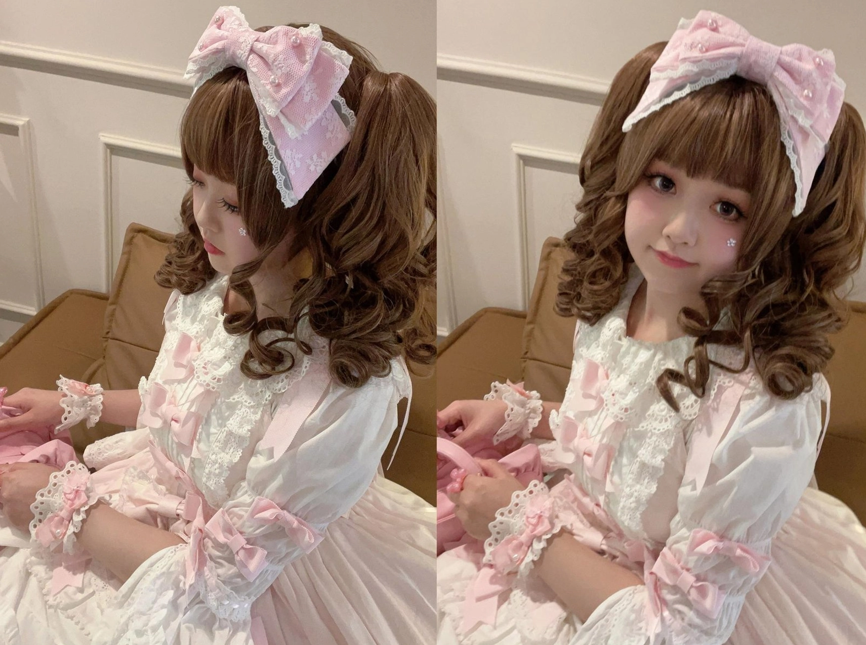 Twin light pink sweet lolita pearl bow KC headbands worn on real model with brown curly twin hair white-pink frilly lolita dress sofa living room