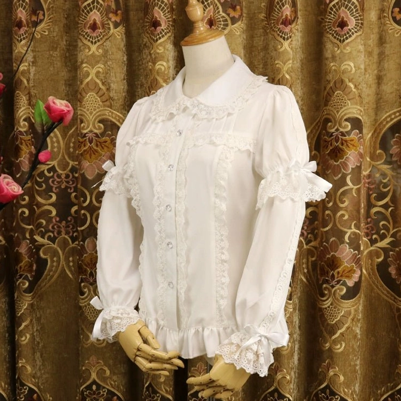 Milk white long-sleeve sweet lolita blouse left side full view featuring lace-trimmed Peter Pan collar, ruffled lace long sleeves, side lace panel decoration