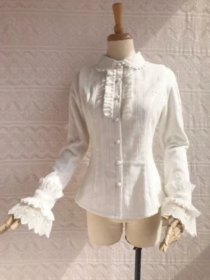 Sweet Lolita long sleeve blouse with Peter Pan collar and pearl button placket, full front view on dress form, white striped cotton fabric
