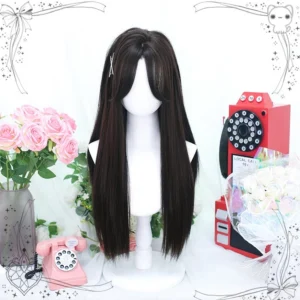 Sweet lolita long straight wig in black tea color with middle part and thin air bangs displayed on mannequin against vintage romantic backdrop with pink roses and retro telephone props, showing natural hairline and silky texture
