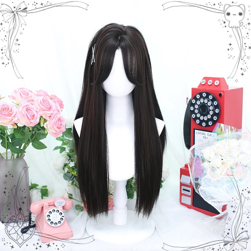 Sweet lolita long straight wig in black tea color with middle part and thin air bangs displayed on mannequin against vintage romantic backdrop with pink roses and retro telephone props, showing natural hairline and silky texture
