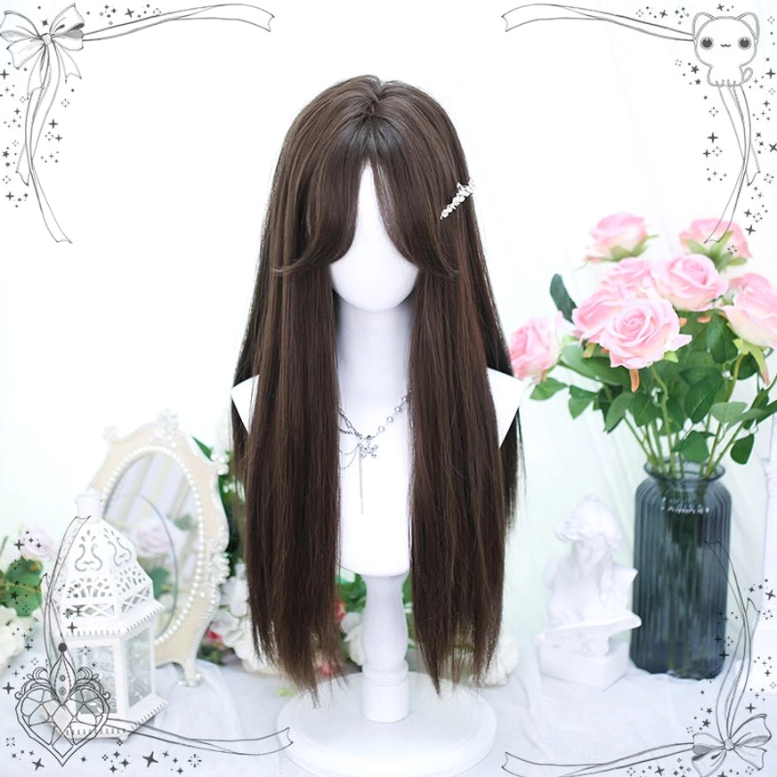 Sweet lolita long straight wig in cold brown neutral color with middle part design perfect for classic sweet lolita vintage romance and everyday coordinate foundations