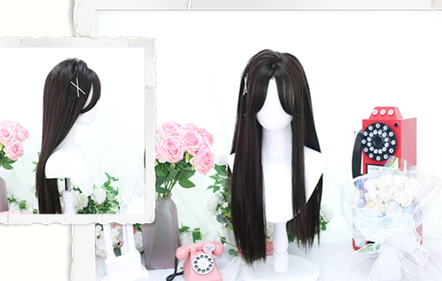 Dual angle display of sweet lolita long straight wig showing side profile and full frontal view with dark brown-black straight hair, natural hairline, and silver hair pin against vintage romantic decor