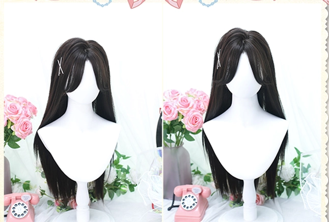 Sweet lolita long straight wig full frontal view on mannequin displaying dark brown-black straight hair with silver hair pin accent and thin bangs against minimalist background