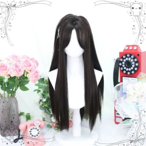 Front view of sweet lolita long straight synthetic wig featuring middle-parted center style with dark brown-black hair and subtle highlights against decorative vintage romantic background setup