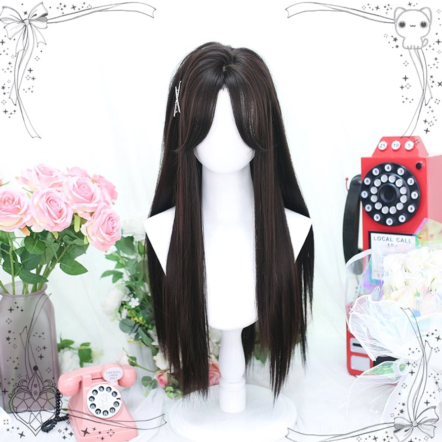 Front view of sweet lolita long straight synthetic wig featuring middle-parted center style with dark brown-black hair and subtle highlights against decorative vintage romantic background setup