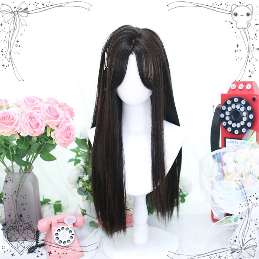 Sweet lolita long straight wig with middle parting, smooth straight texture, and dark brown-black color displayed on mannequin against vintage romantic setup with retro props and flowers