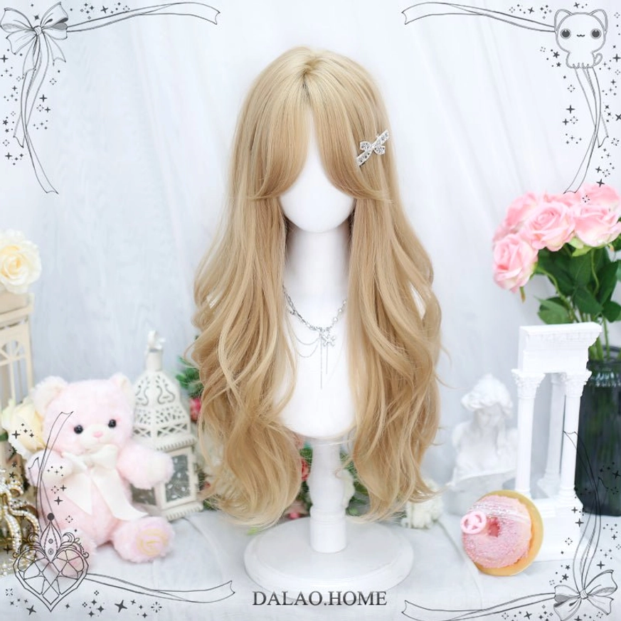 Sweet lolita long straight wig in milk gold warm-toned color with thin air bangs ideal for fairy-kei inspired whimsical romantic and magical girl aesthetic coordinates