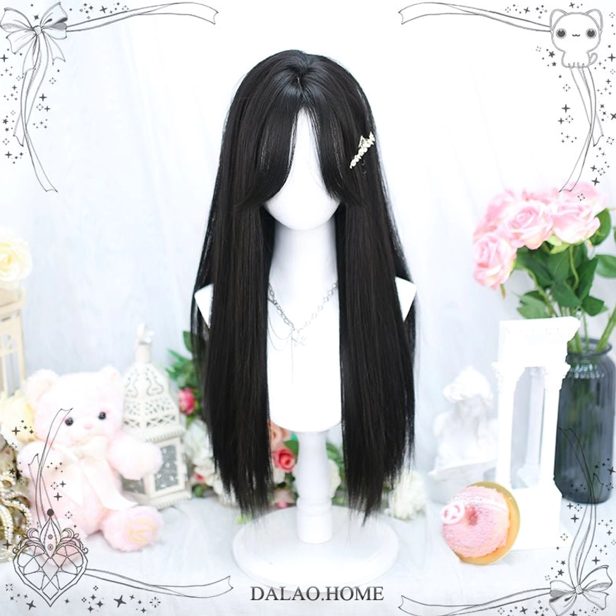 Sweet lolita long straight wig in natura black color with middle part bangs and natural hairline perfect for classic gothic-sweet fusion and elegant daily coordinate styling