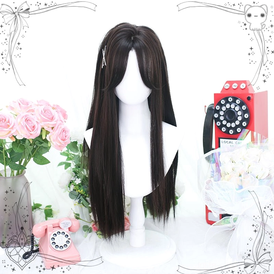 Sweet lolita long straight wig showing natural hairline and dark brown-black straight hair texture with silver hair pin detail on bangs against vintage decorative background