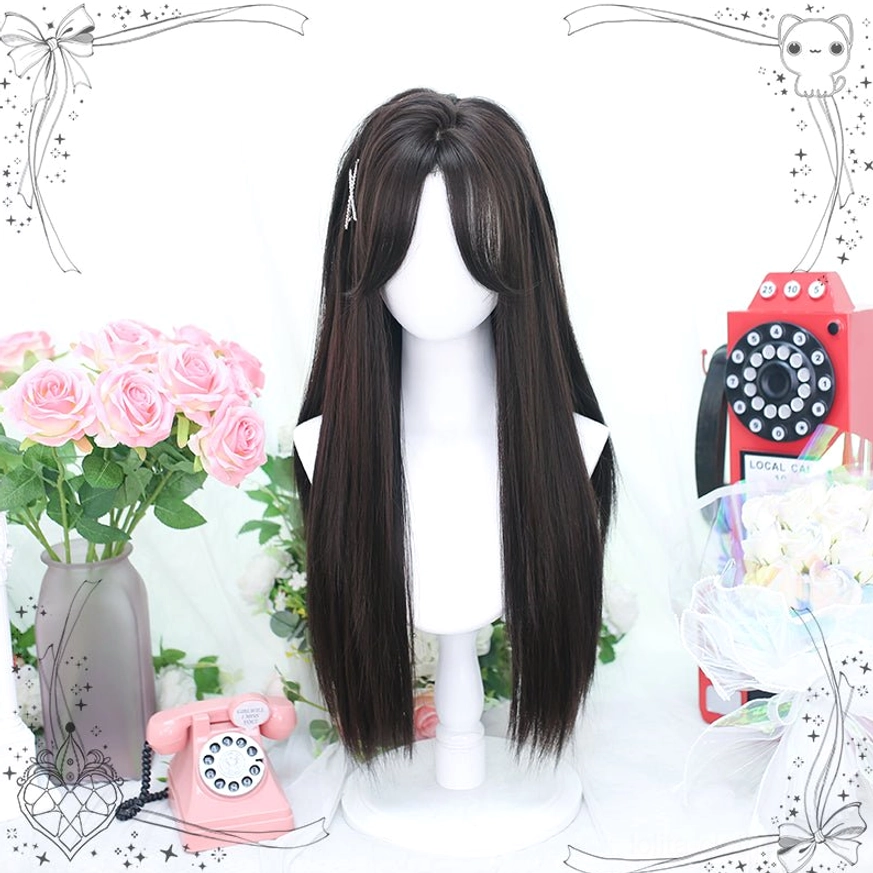 Sweet lolita long straight wig with side-swept bangs and full-length dark brown-black silky straight hair displayed against vintage romantic decorator environment with retro props
