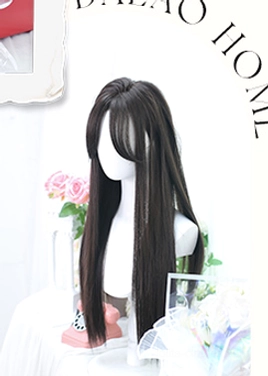 Three-quarter side view of sweet lolita long straight wig showing dark brown-black hair silhouette and natural hair flow against simple white background with decorative flower elements