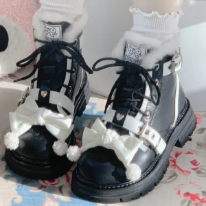 Sweet lolita winter martin boots black leather round toe white bow pom-pom decorative heart buckle overhead front view indoor