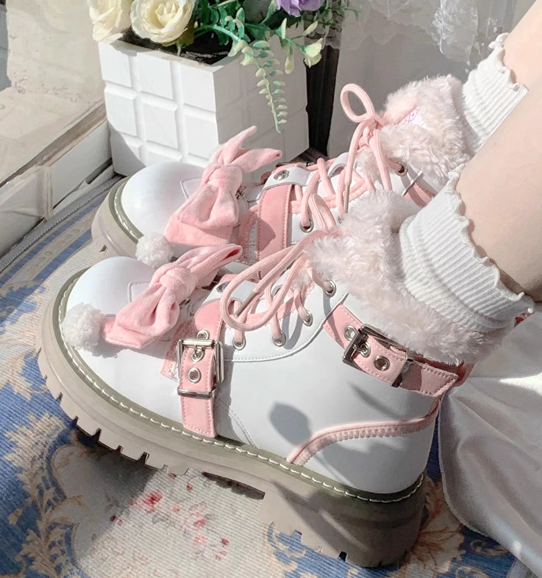 Sweet lolita martin boots material composition microfiber lambswool artificial plush lining rubber sole durability