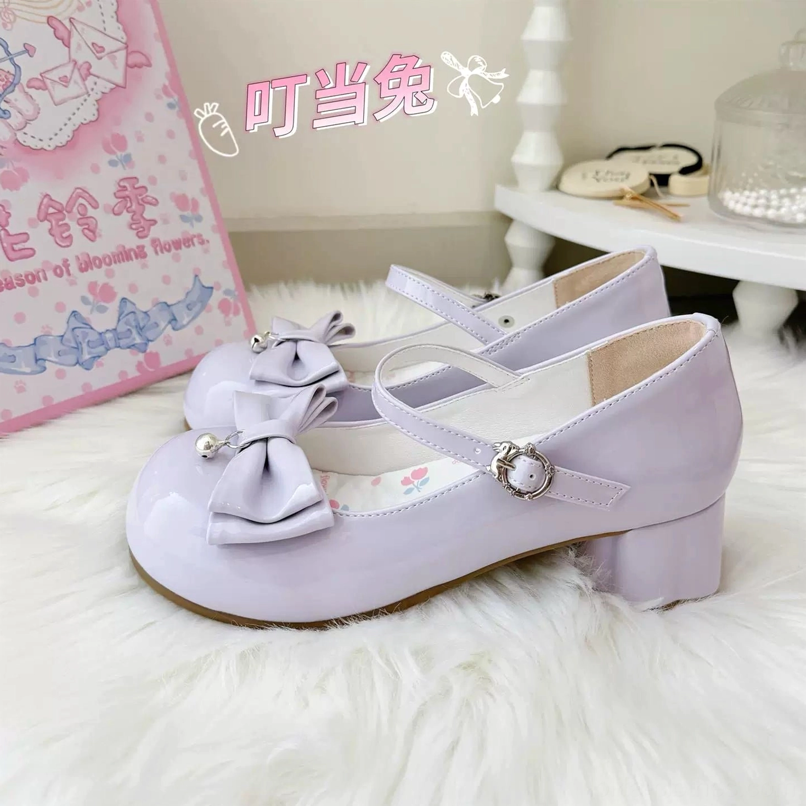 Sweet lolita Mary Jane heel bunny-shaped ankle buckle close-up detail shot emphasizing refined craftsmanship and precision detailing in the buckle design element, showing integration with adjustable strap system and overall heel construction quality