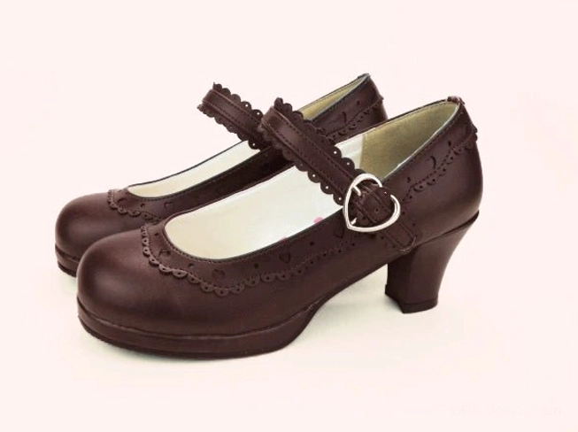 Sweet lolita mary jane chunky heel shoes color options variations black pink white brown red