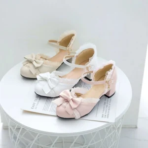 Sweet Lolita Mary Jane chunky heel shoes multi-color collection in pink white and beige with round toe buckle strap design flat lay view