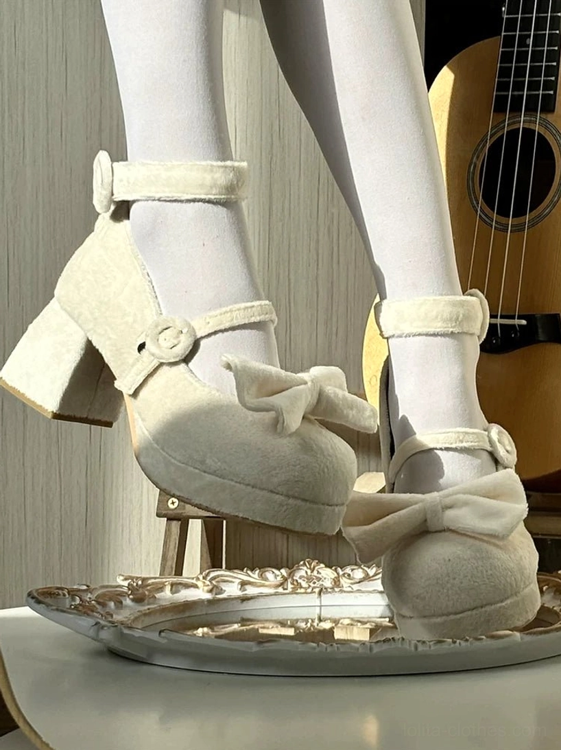 Cream beige velvet sweet lolita chunky heel mary jane shoes with detachable bow worn on feet front three-quarter view
