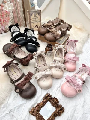 Sweet Lolita Mary Jane flat shoes double bow design featuring black pink brown and off-white color variants with polka dot insole displayed on vintage tabletop