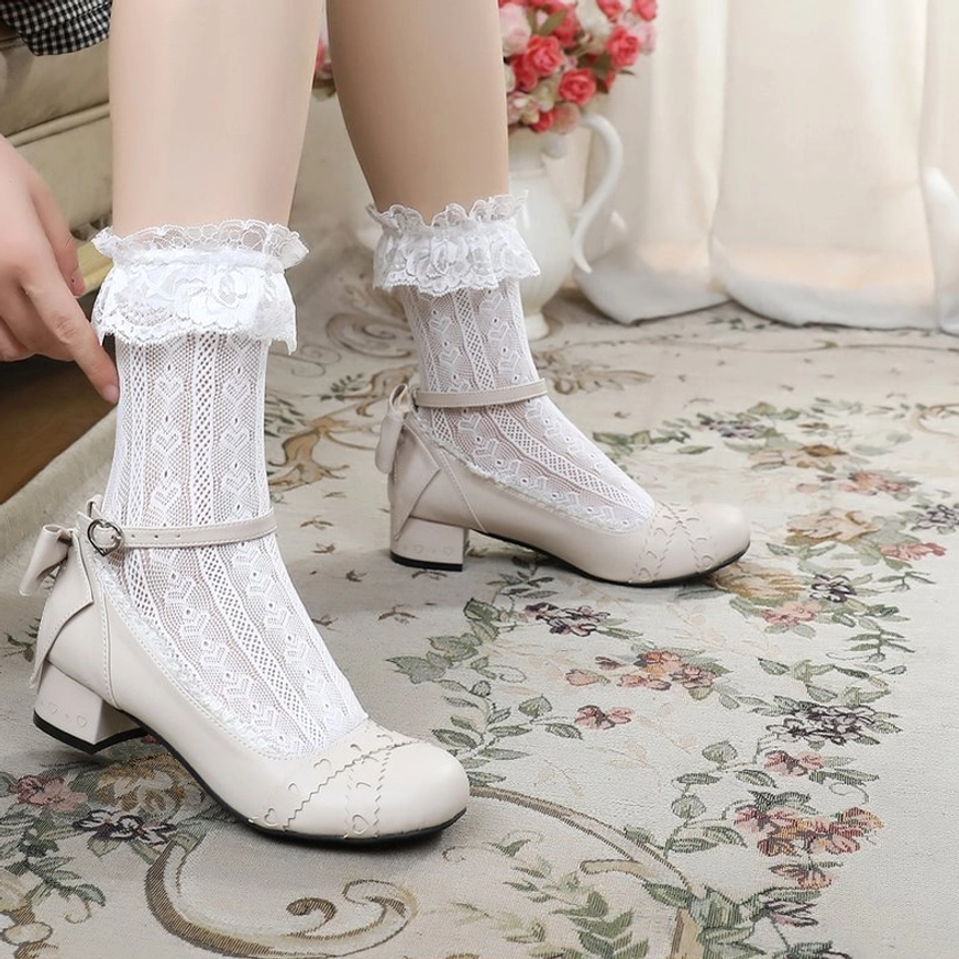 Sweet lolita Mary Jane round toe leather flat shoes ultra-fine fiber material close-up showing premium texture and refined appearance