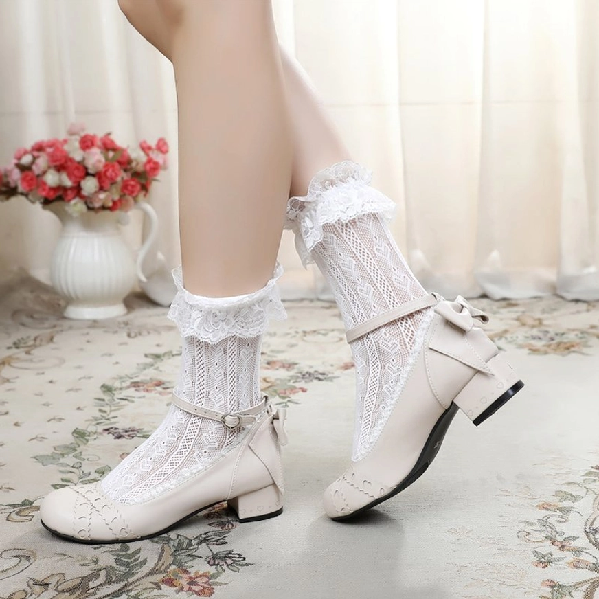 Sweet lolita Mary Jane round toe flat shoes vamp stitching detail showing decorative embellishment and authentic vintage-inspired design elements