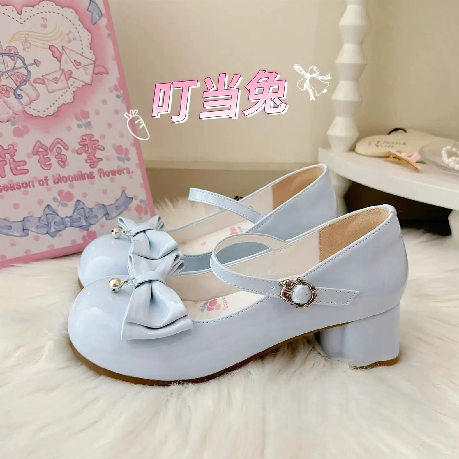 Glossy patent leather texture and surface quality close-up of sweet lolita Mary Jane heels showing lustrous reflective finish, color vibrancy, PU material durability, and aesthetic appeal for lolita coordinate documentation and styling photography
