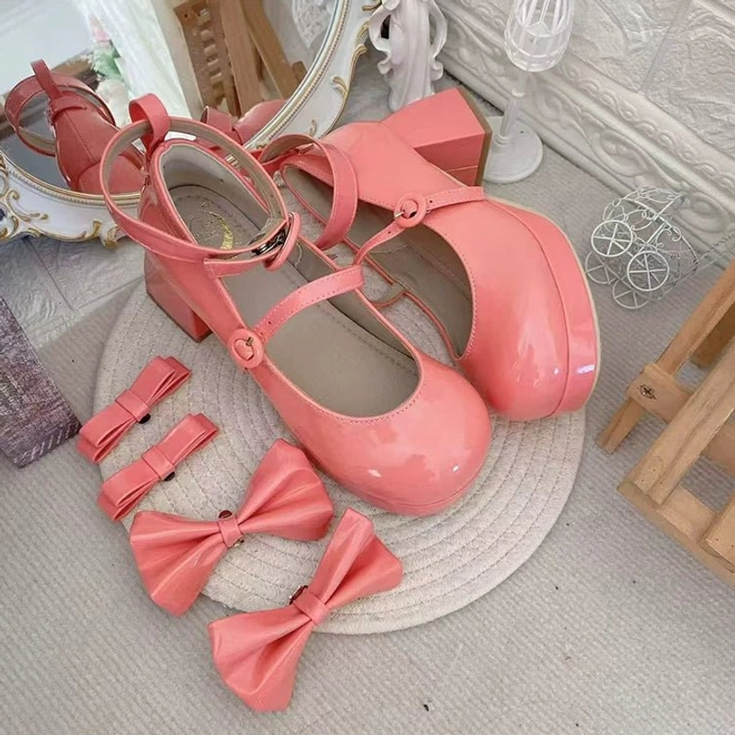 Sweet lolita mary jane chunky heel shoes complete color palette burgundy pink white black cream variations collection