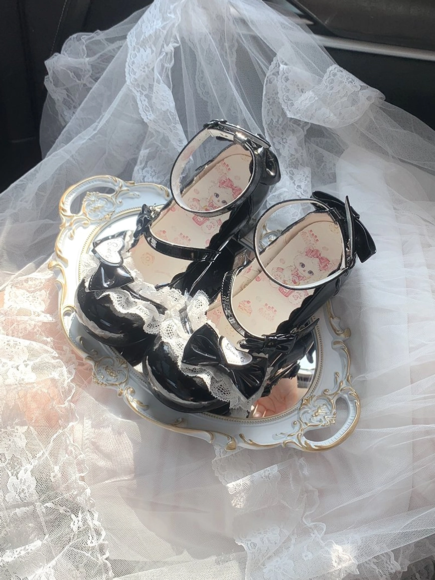 Sweet lolita mary jane heels back view showing heel embroidery details and upper shoe construction handcrafted artisanal quality lace bow decorations