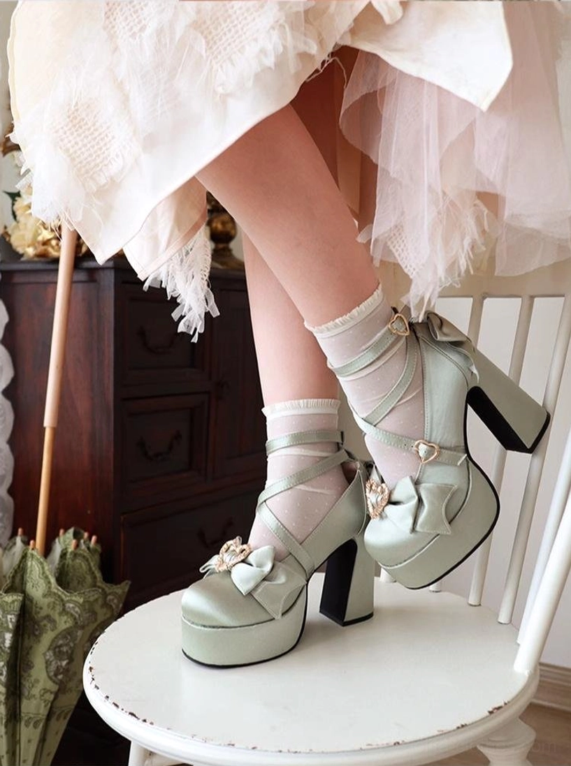 Sweet Lolita Mary Jane heels cross ankle strap design heart buckle closure Mary Jane style authentic Lolita footwear