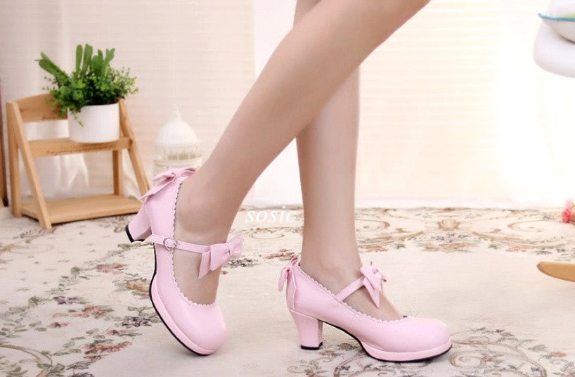 Sweet Lolita Mary Jane chunky heels comparison view showcasing available colorways including black white pink blue wine red brown heart buckle and bow ankle strap