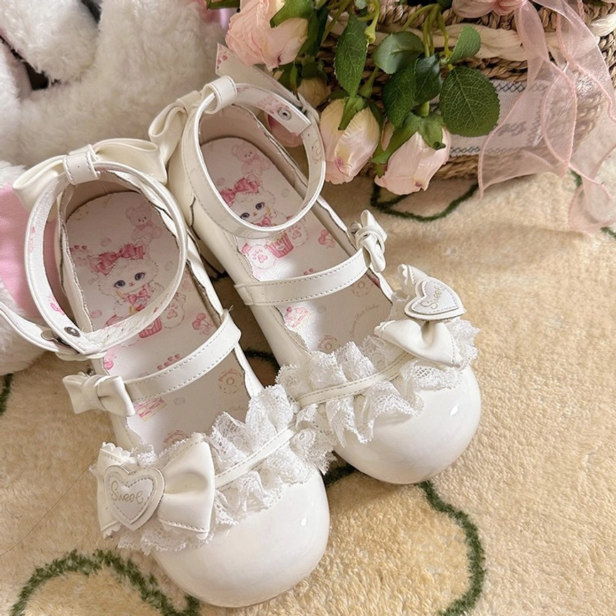 Sweet lolita mary jane heels lace bow embellishments hand-applied decorative elements intricate lace work charming bow accents