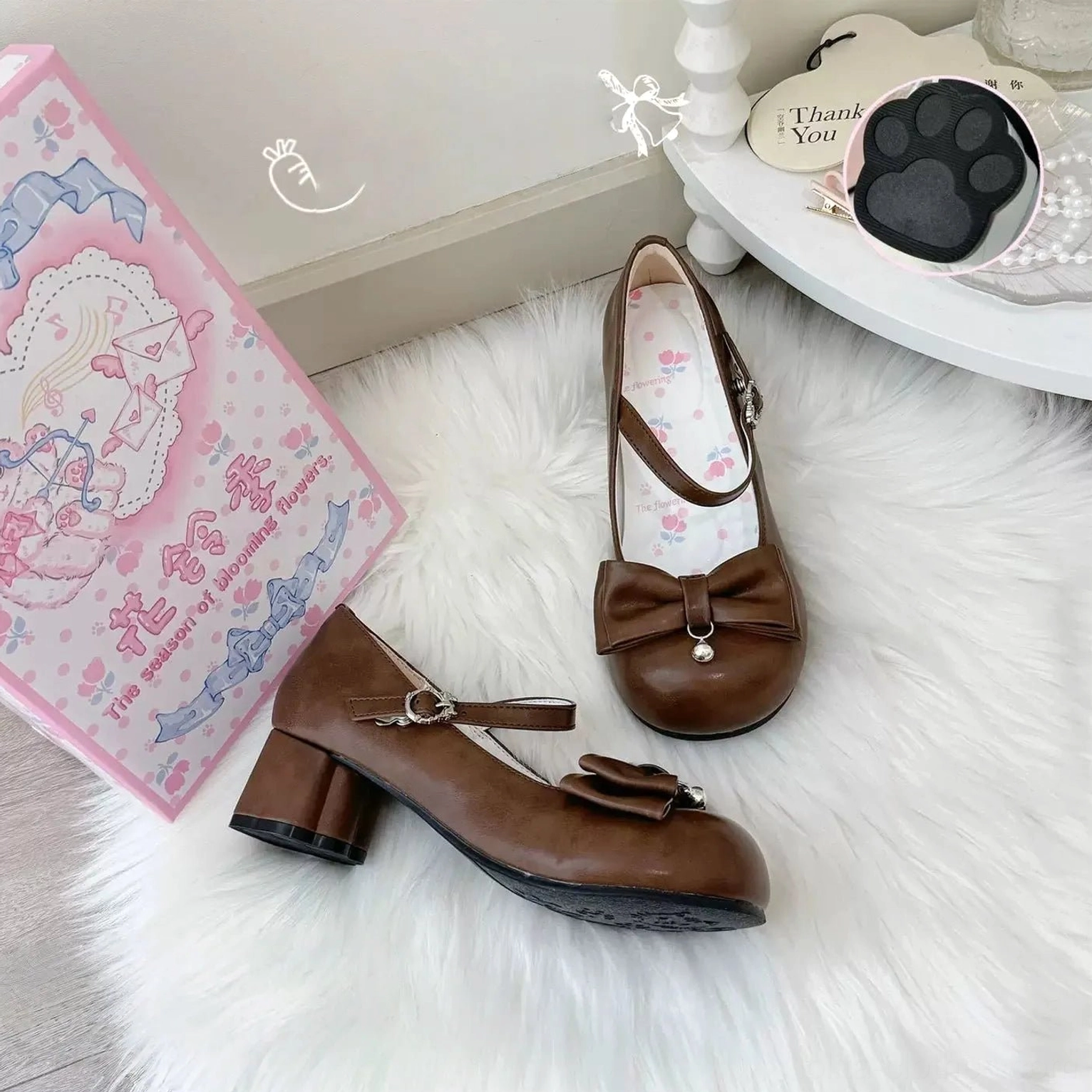 Sweet lolita Mary Jane heels care and maintenance guide detail shot showing material composition construction, PU leather upper durability, TPR rubber sole traction, and best practices for preserving glossy and matte finish options long-term