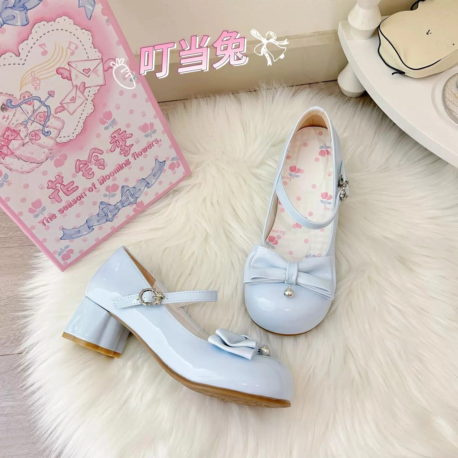 Sweet lolita Mary Jane heels on-foot styling demonstration showing heel proportion in wear, ankle strap adjustment fit, round toe silhouette, cat paw heel visual elongation effect on leg line, and overall silhouette refinement in lolita coordinate context