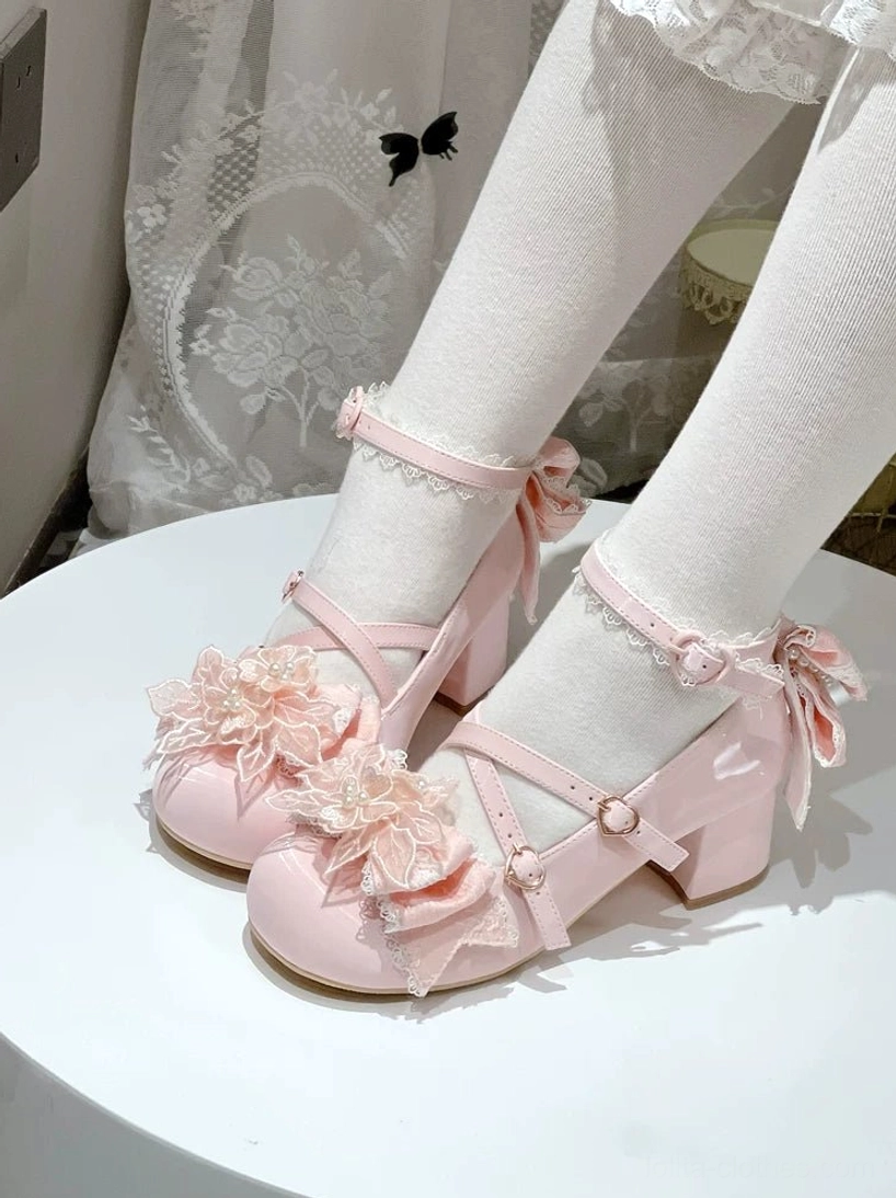 Sweet Lolita Mary Jane heels with rounded toe silhouette cross-strap design and pastel color options perfect for romantic Lolita tea parties and wedding celebrations