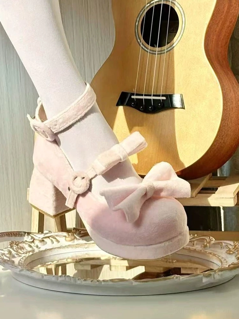 Light pink suede sweet lolita chunky heel mary jane shoes with detachable bow multiple color variations showcase