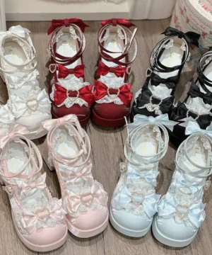 Sweet lolita mary jane platform shoes with pearl heart accents and decorative bows top down indoor flat display pink light blue burgundy black