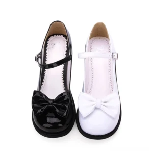 Sweet Lolita Mary Jane shoes flat lay display showing multiple color options with detachable bow design and round toe silhouette