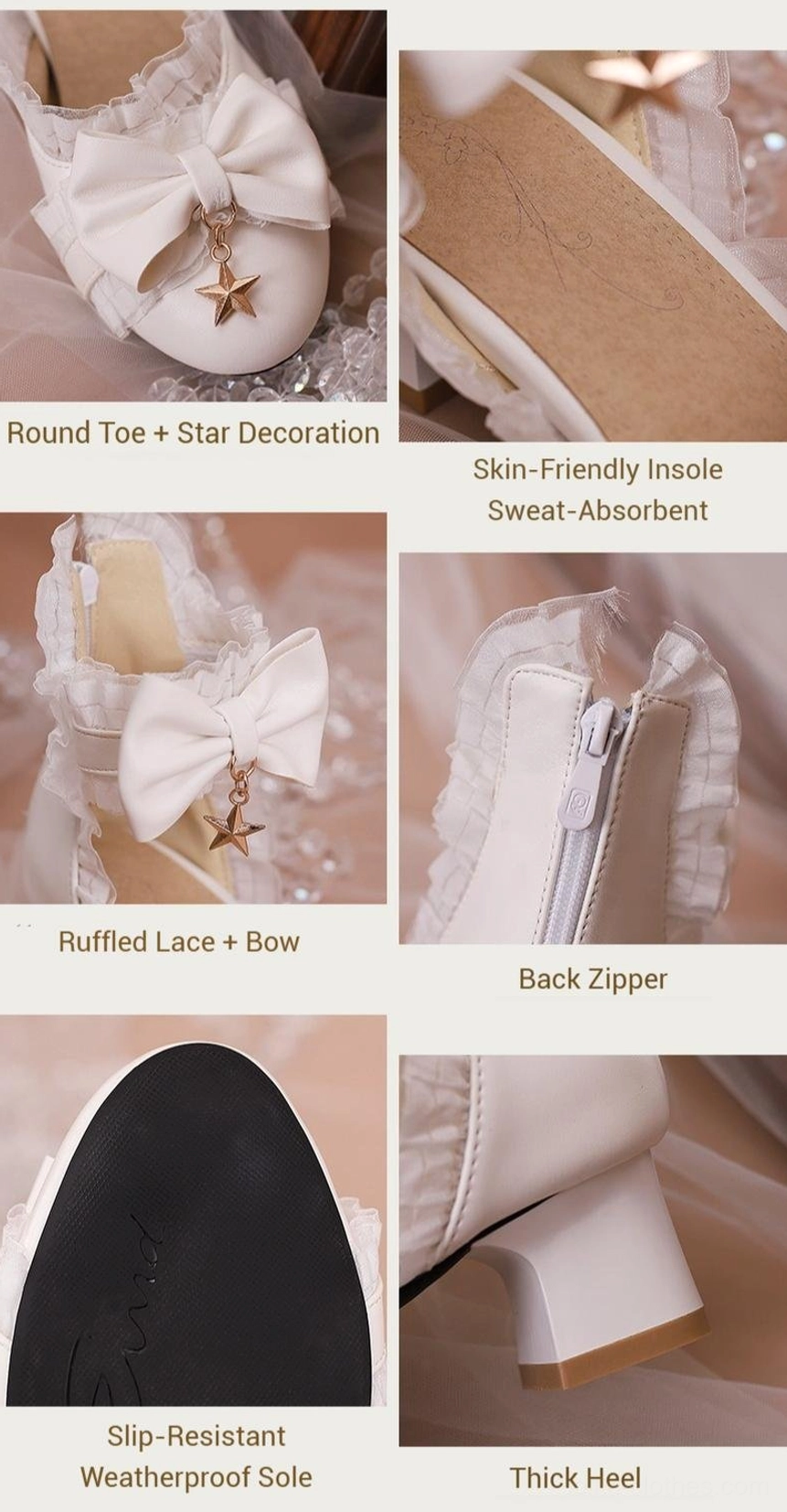 Sweet Lolita Mary Jane shoes product feature infographic showing skin-friendly sweat-absorbent insole, back zipper closure, slip-resistant weatherproof sole, ruffled lace design details