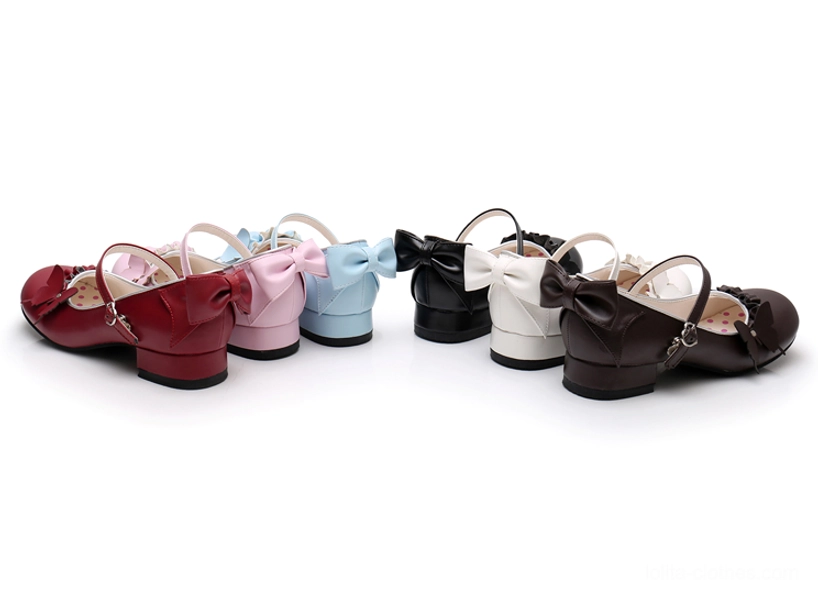 Sweet Lolita Mary Jane shoes color comparison all six available colors arranged display black burgundy white pink blue brown