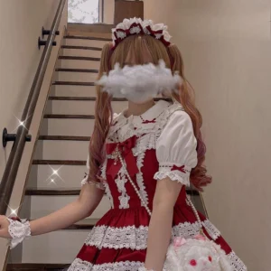 Sweet lolita dress matching set with peter pan collar underblouse red white color scheme layered lace trims indoor stairway portrait styled with twin tail model