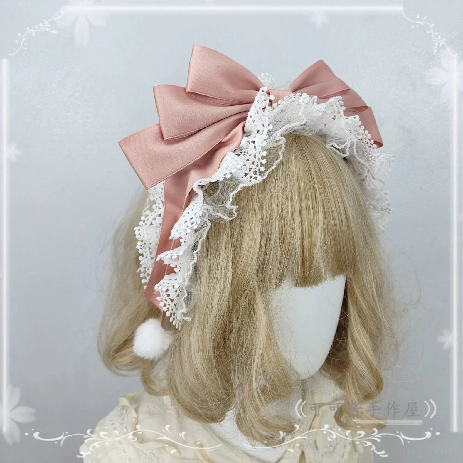 Mauve Pink Sweet Lolita Lace Bowknot Headdress with White Pompom Accent and Layered Ruffled Lace Border