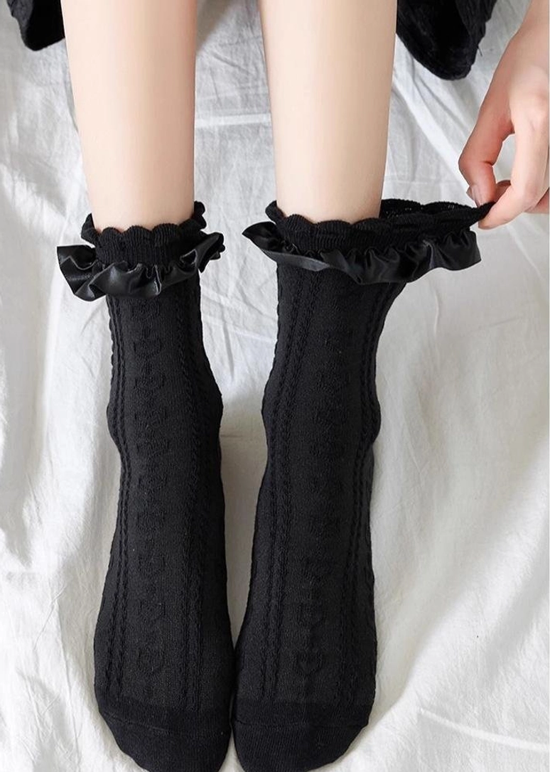 Sweet Lolita mid-calf socks with premium cotton polyester blend fabric breathable moisture-wicking ruffled lace cuff detail
