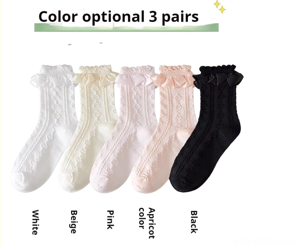 Three-pair optional color Sweet Lolita mid-calf socks collection displaying five color choices white beige pink apricot black with ruffled ankle cuffs
