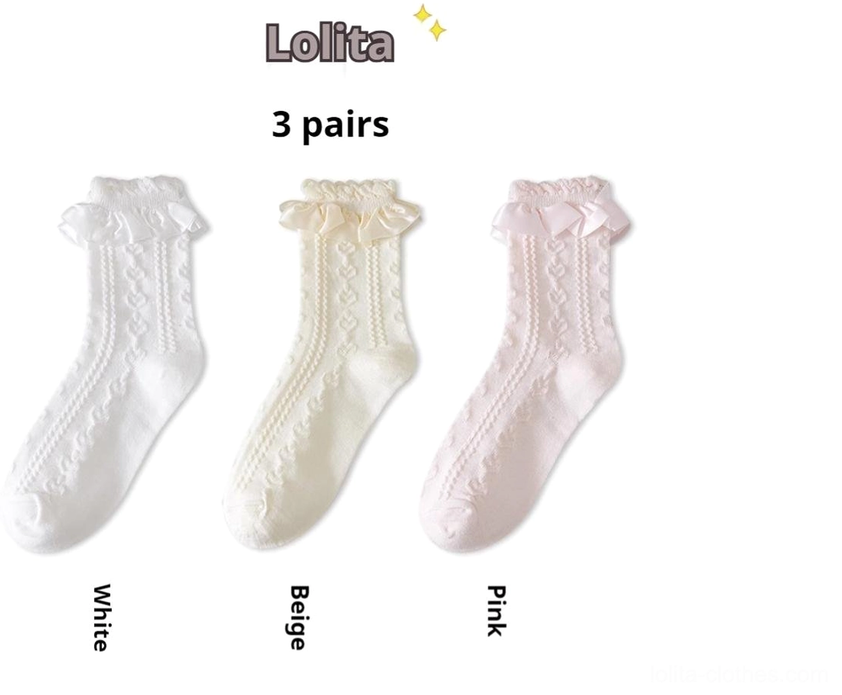 Sweet Lolita mid-calf socks with twisted hollow knit texture ruffled ankle cuff heart-shaped pattern vintage-inspired design detail