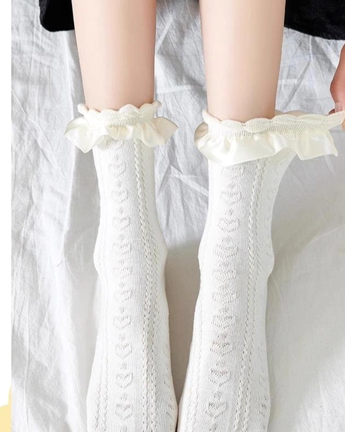 Sweet Lolita mid-calf socks with delicate twisted ribbon and heart-shaped pattern elegant romantic feminine design aesthetic