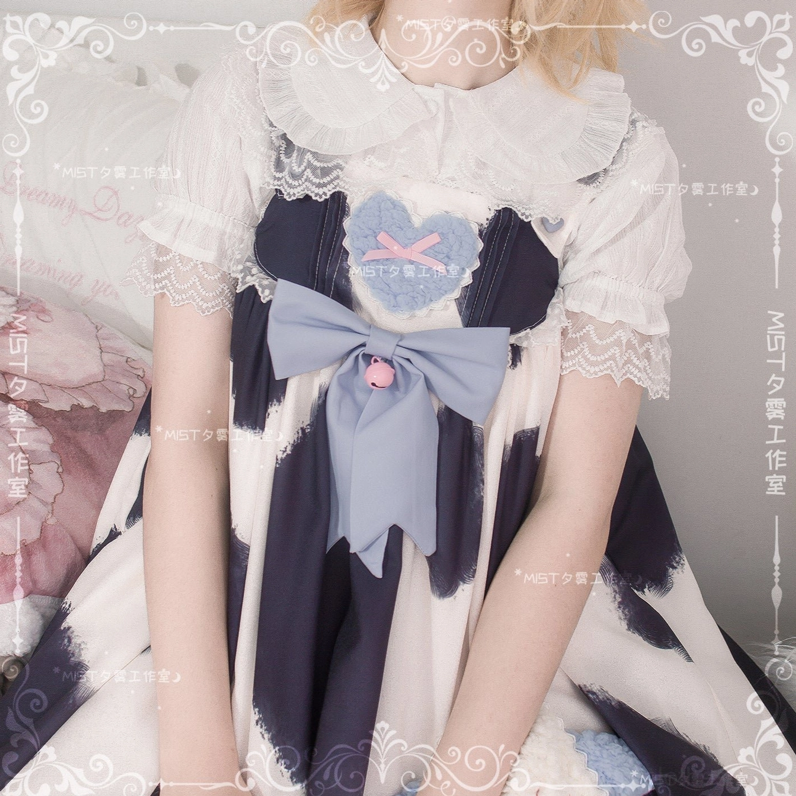 Lolita peter pan collar short sleeve blouse milk white color puff sleeves lace trim front button placket display