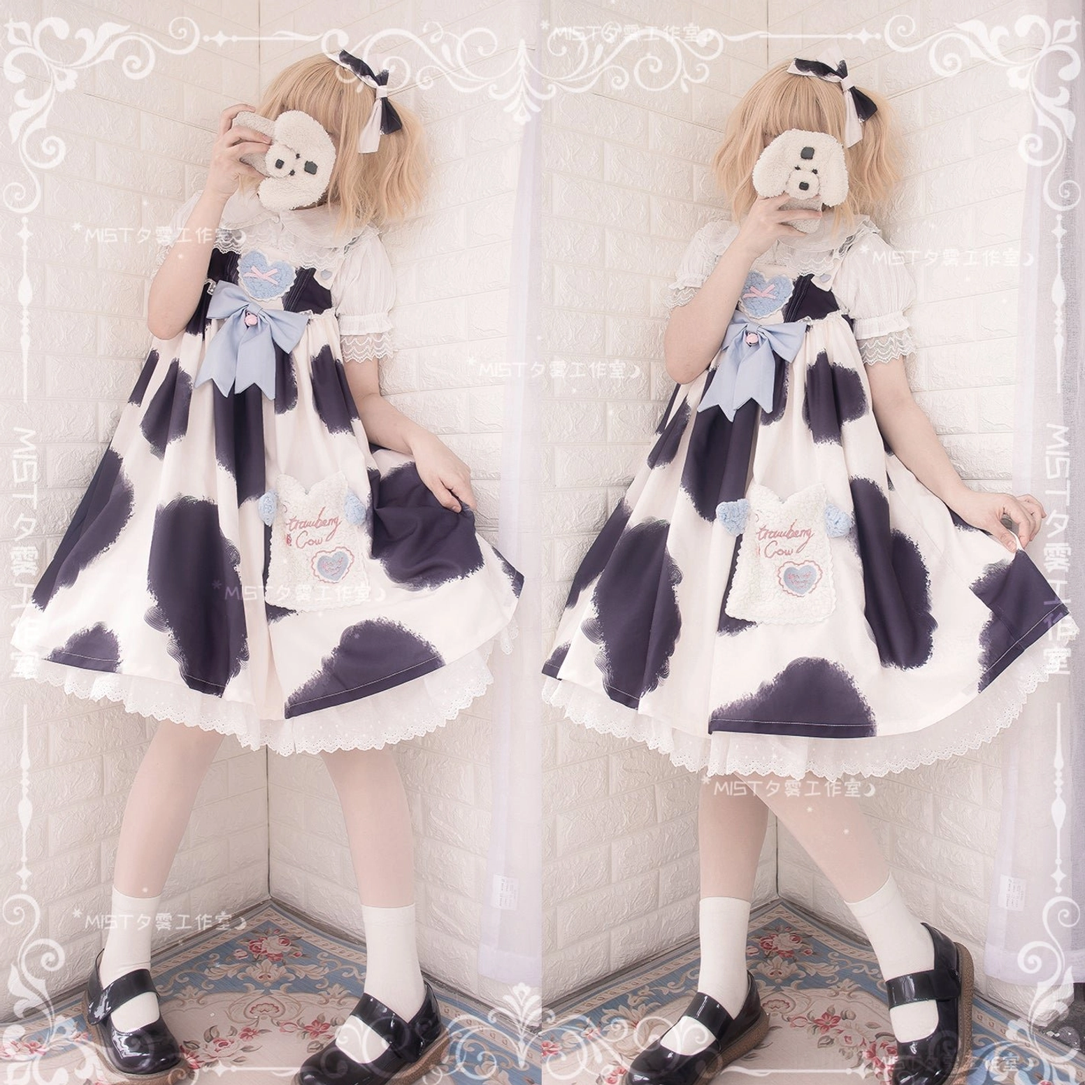 Milk white sweet lolita peter pan collar short sleeve blouse puff sleeves lace trim front view detail display