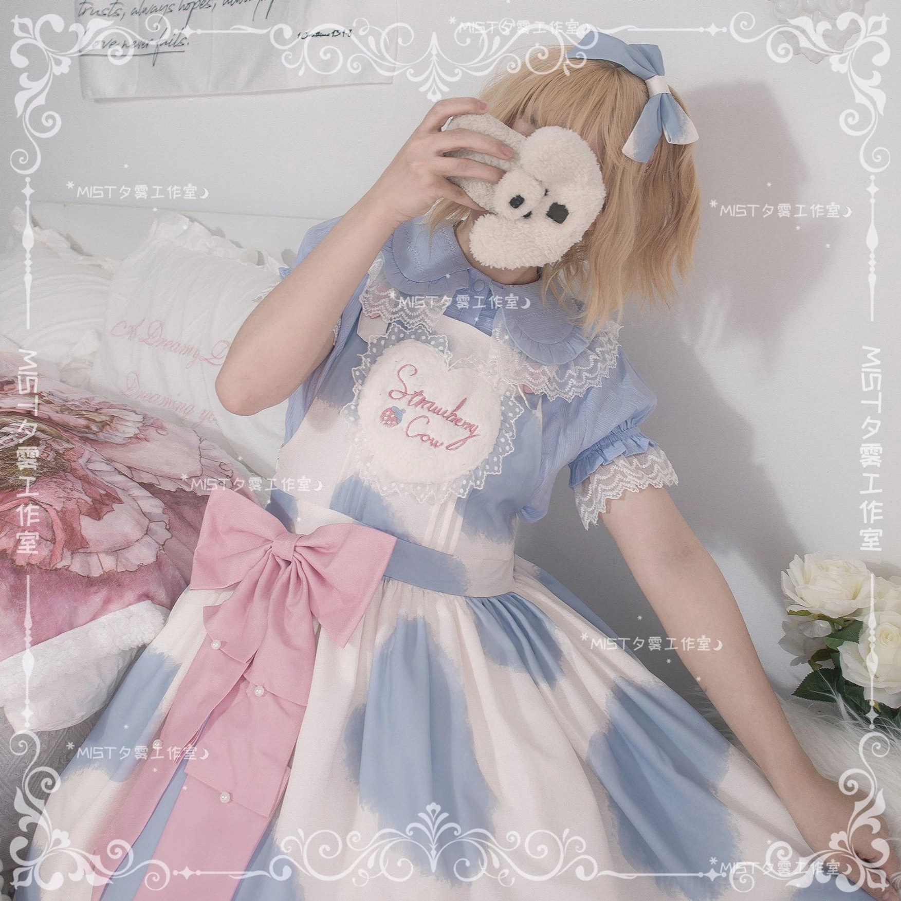 Milk white lolita peter pan collar short sleeve blouse puff sleeves lace cuffs full view mannequin display