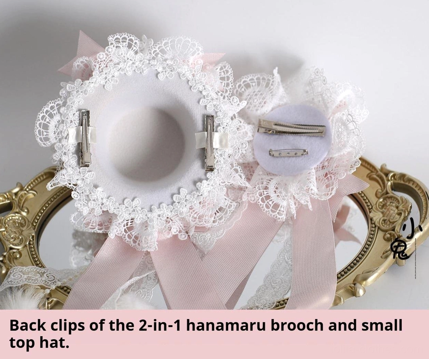 Detailed view of Sweet Lolita mini top hat showing premium white ruffled lace construction, satin bow and pom-pom trim details